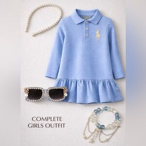 Ralph Lauren Girls Outfit Set Size 7 Blue Polo Dress + New Accessories